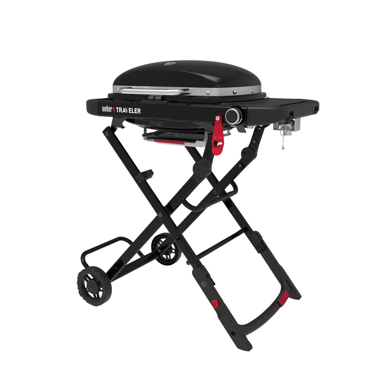 Schwarzer Weber Gasgrill Traveler Compact mit klappbarem Untergestell und Rädern.