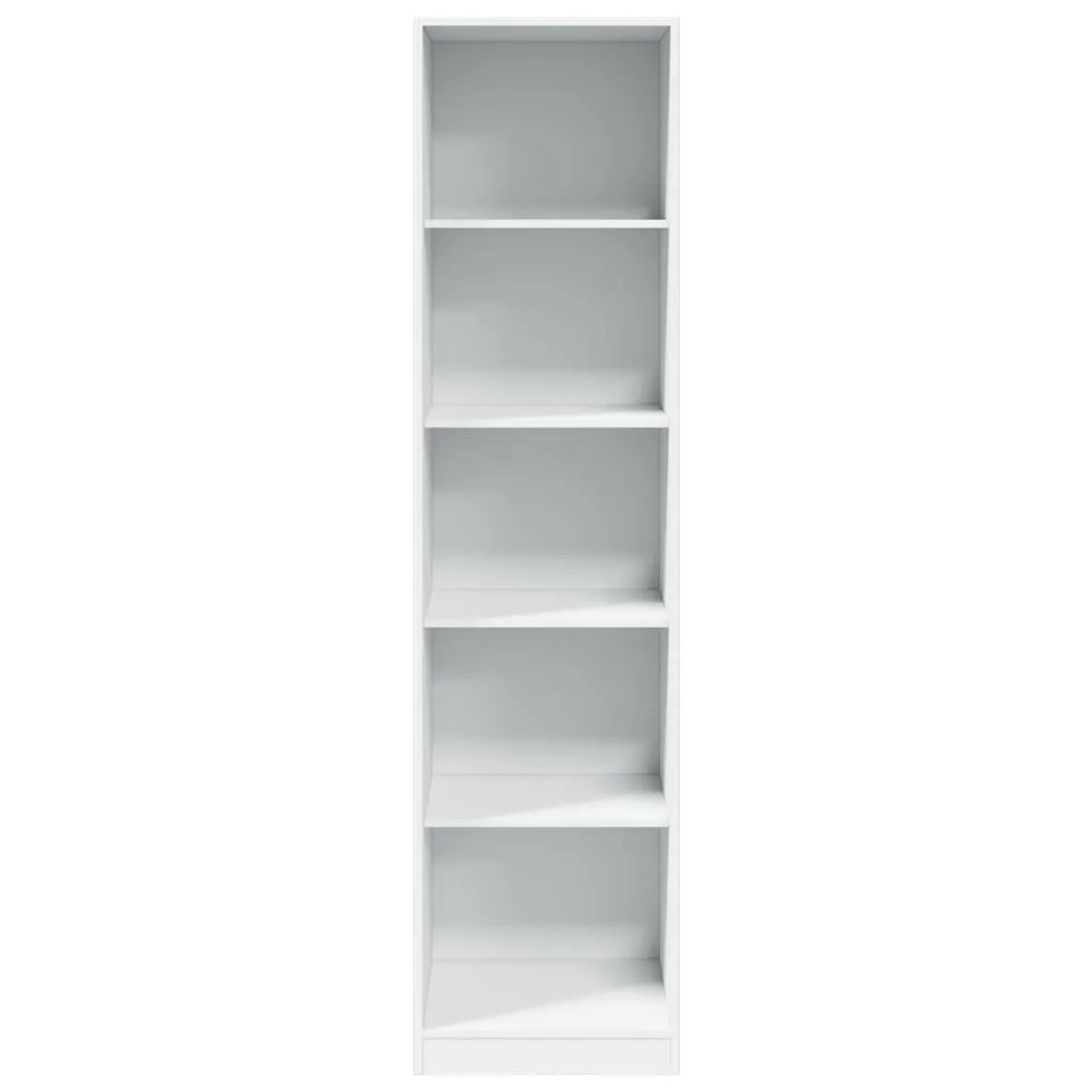 Weißer, schmaler Kleiderschrank (50x50x200 cm) mit 5 Fächern aus Holzwerkstoff.