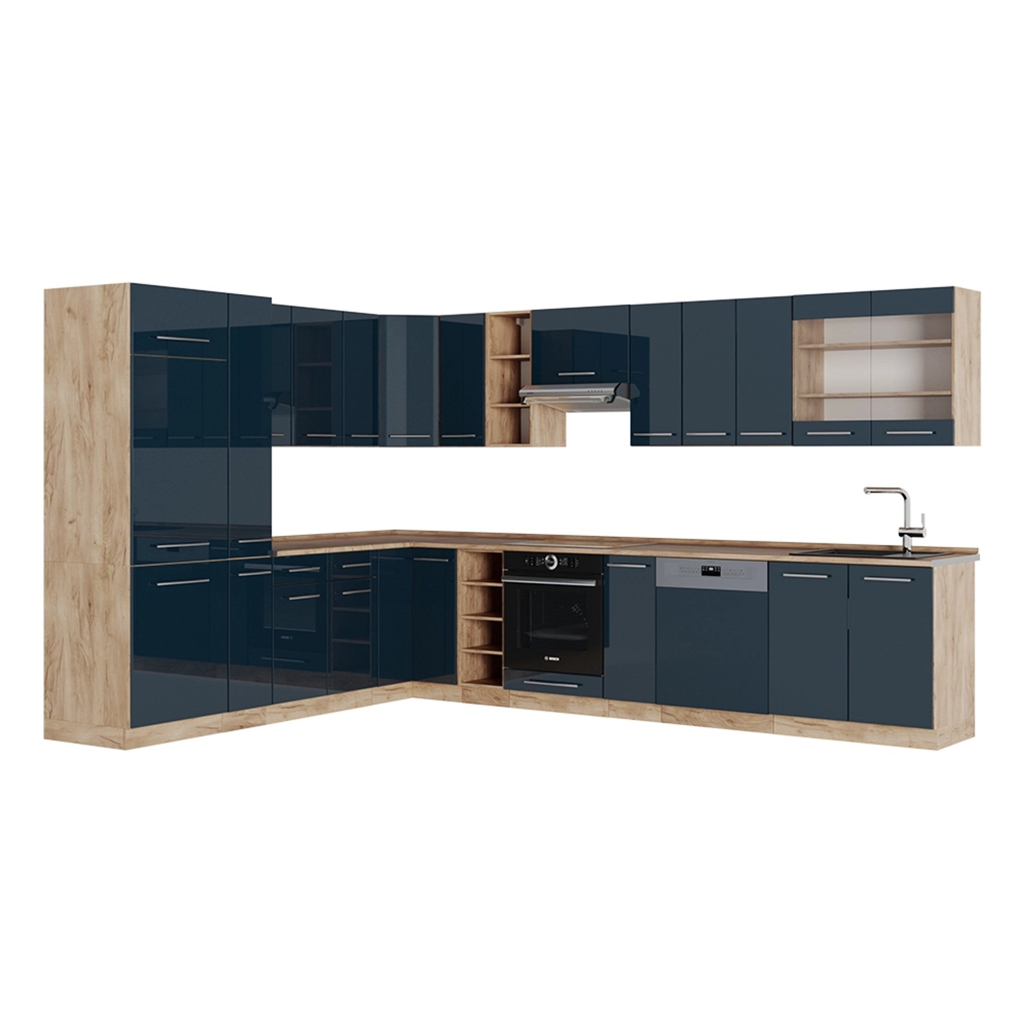 Vicco Fame-Line Eckküche Dunkelblau Hochglanz/Goldkraft Eiche 257 x 60 cm o günstig online kaufen