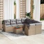 Beige-hellgraues 9-teiliges vidaXL Garten-Sofa-Set aus Rattan mit Tisch und grauen Polstern.