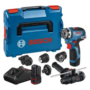 Blauer Bosch Professional 12V Akku-Bohrschrauber GSR 12V-35 FC Set mit L-Boxx, Akkus, Ladegerät und Bohrfutter-Aufsätzen.
