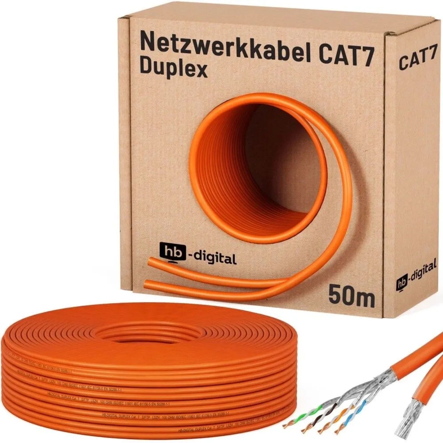 hb-digital CAT 7 Kabel Duplex Ethernetkabel LSZH max. 1000 MHz S/FTP AWG23 50m Orange