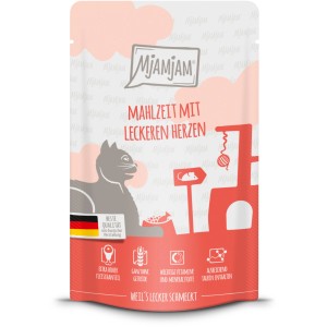 Mjamjam Katzen-Nassfutter Quetschie Mahlzeit mit Herzen, 125g Packung.