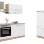 Respekta Küchenzeile KB300ESWC in Weiß-Eiche Sägerau Nachbildung mit E-Geräten und Ober-/Unterschränken.