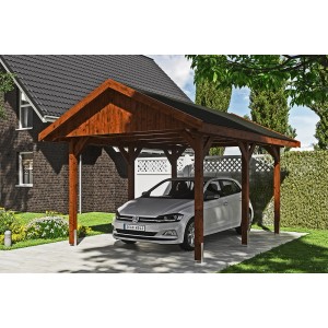Satteldach-Carport Wallgau in Nussbaum mit schwarzen Schindeln und Auto.