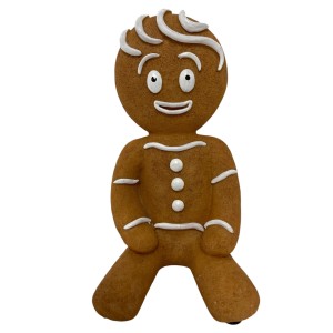 Sitzender Deko-Lebkuchenmann, 24 cm, braun-weiß, für weihnachtliche Gartendeko.