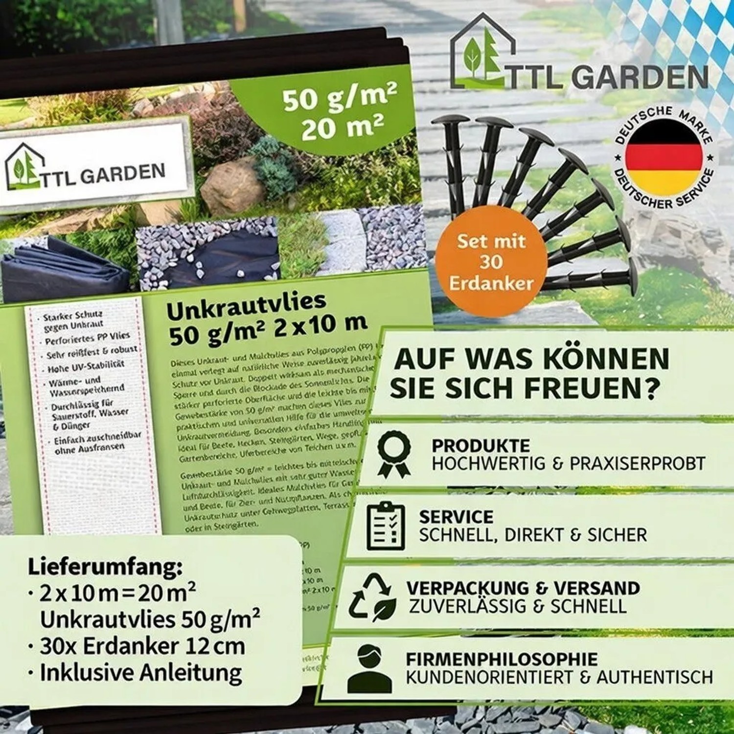 TTL GARDEN Unkrautvlies 50g/m² 2x10m 20m² Schwarz Inkl. 30 Erdanker 12cm Gartenvlies Mulchvlies Wasserdurchlässig UV-stabil_7
