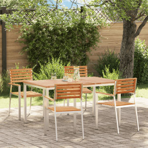 5-teiliges Garten Esstisch Set aus Teakholz mit Tisch und vier Stühlen.