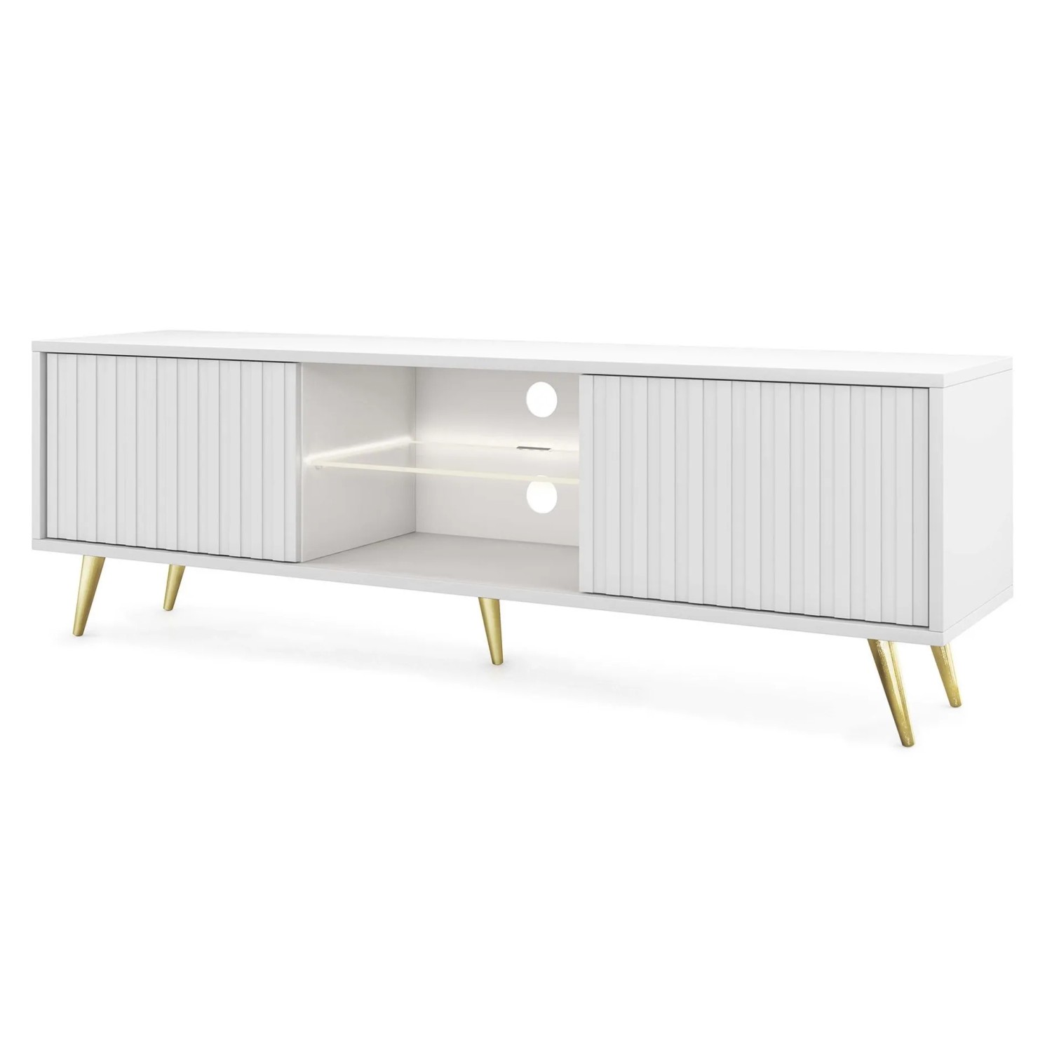 TV-Lowboard Bello 135 cm Weiß / Lamelle mit Goldenen Beinen