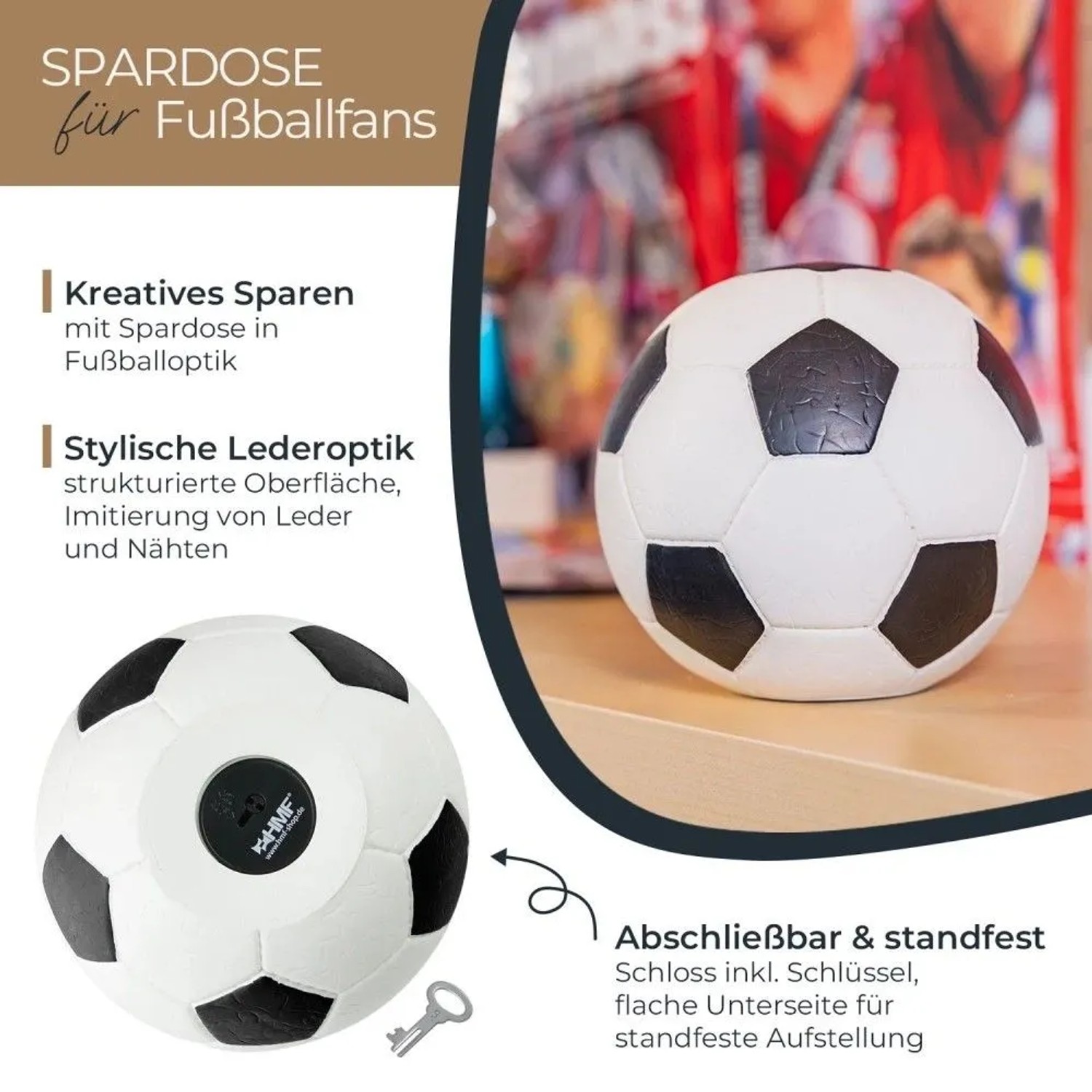 Schwarz-weiße Fußball-Spardose in Lederoptik, 15 cm Durchmesser, mit Schloss und Schlüssel. Ideal für Fußballfans.