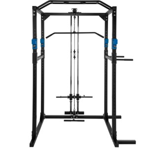 Tectake Power Rack mit Latzug, Klimmzugstange und Dip Station, schwarz-blau, für vielseitiges Krafttraining.