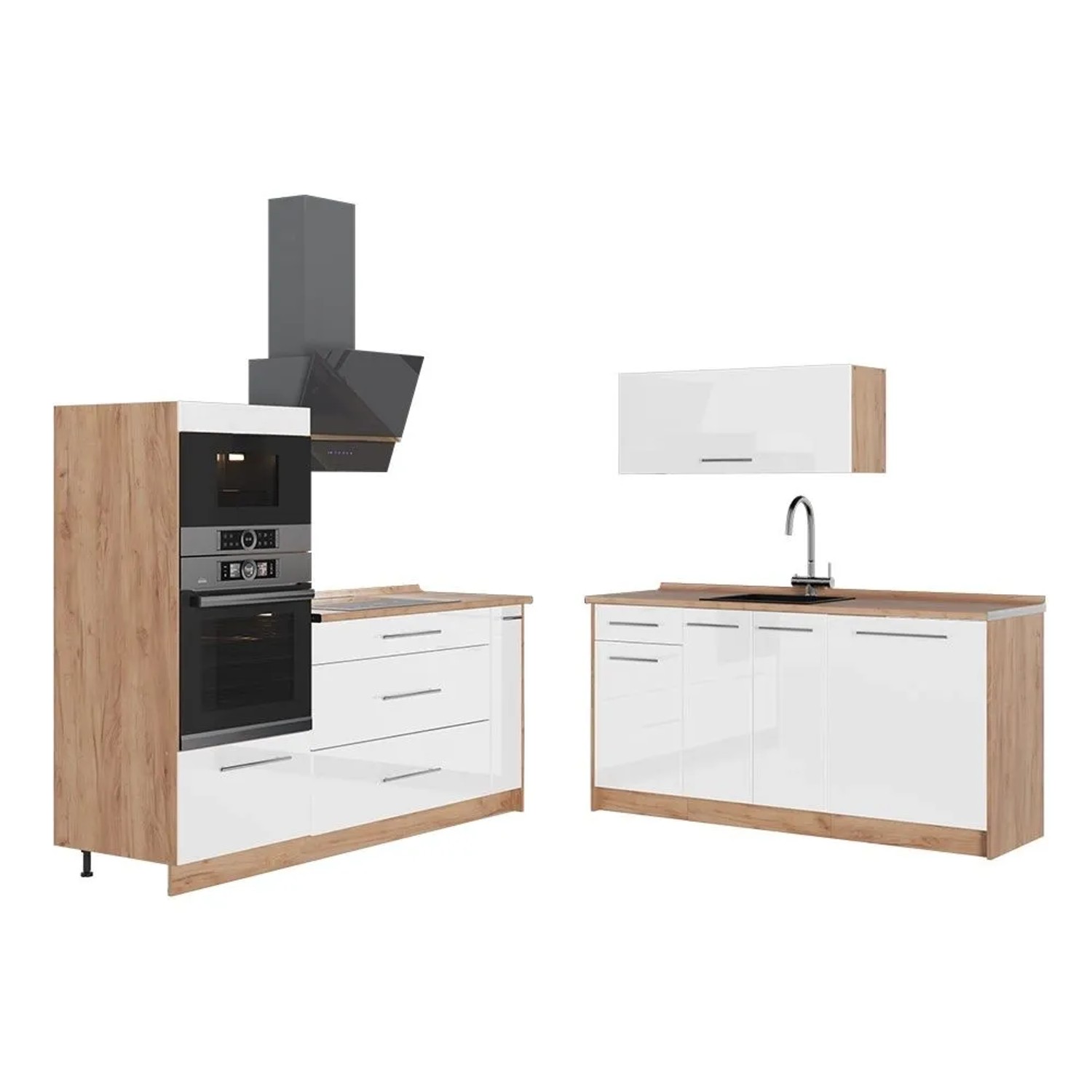 Vicco Küchenzeile Fame-Line Weiß Hochglanz/Goldkraft Eiche 340 x 154 AP Eiche Art Nr 63714