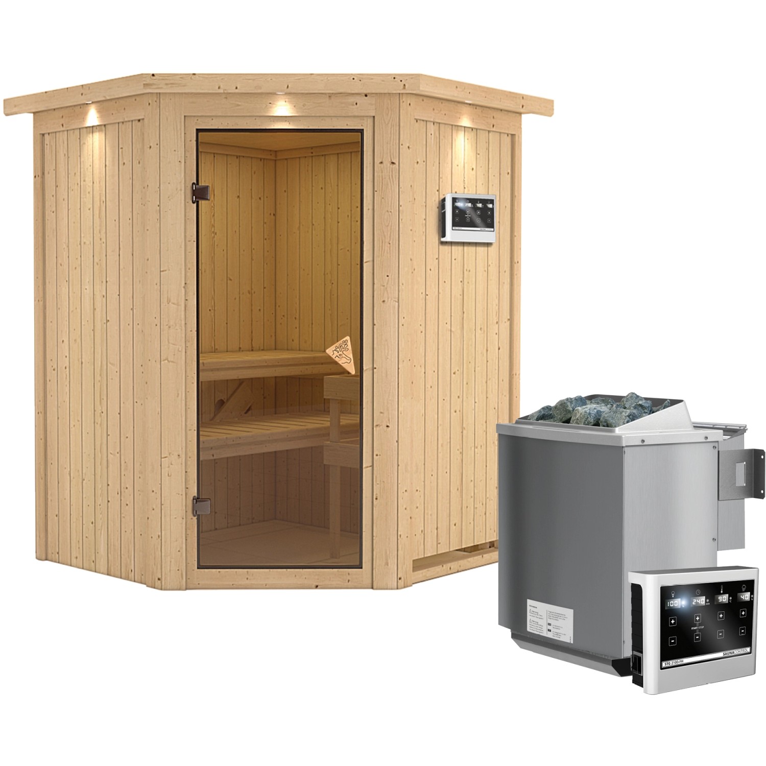 Karibu Sauna-Set Lyra inkl. Bio-Ofen 9 kW mit ext. Steuerung, Dachkranz günstig online kaufen