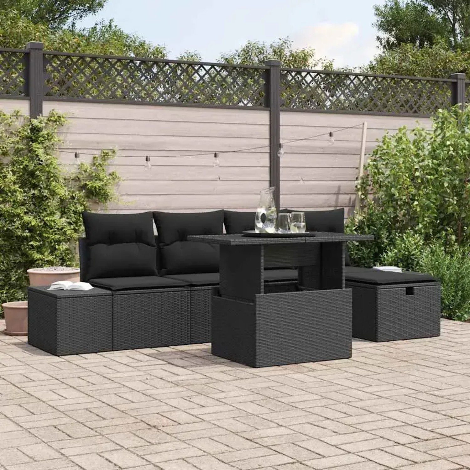 Schwarze 6-tlg. vidaXL Garten-Sofagarnitur aus Poly Rattan mit Kissen. Gartenmöbel-Set mit Tisch und Stauraum.