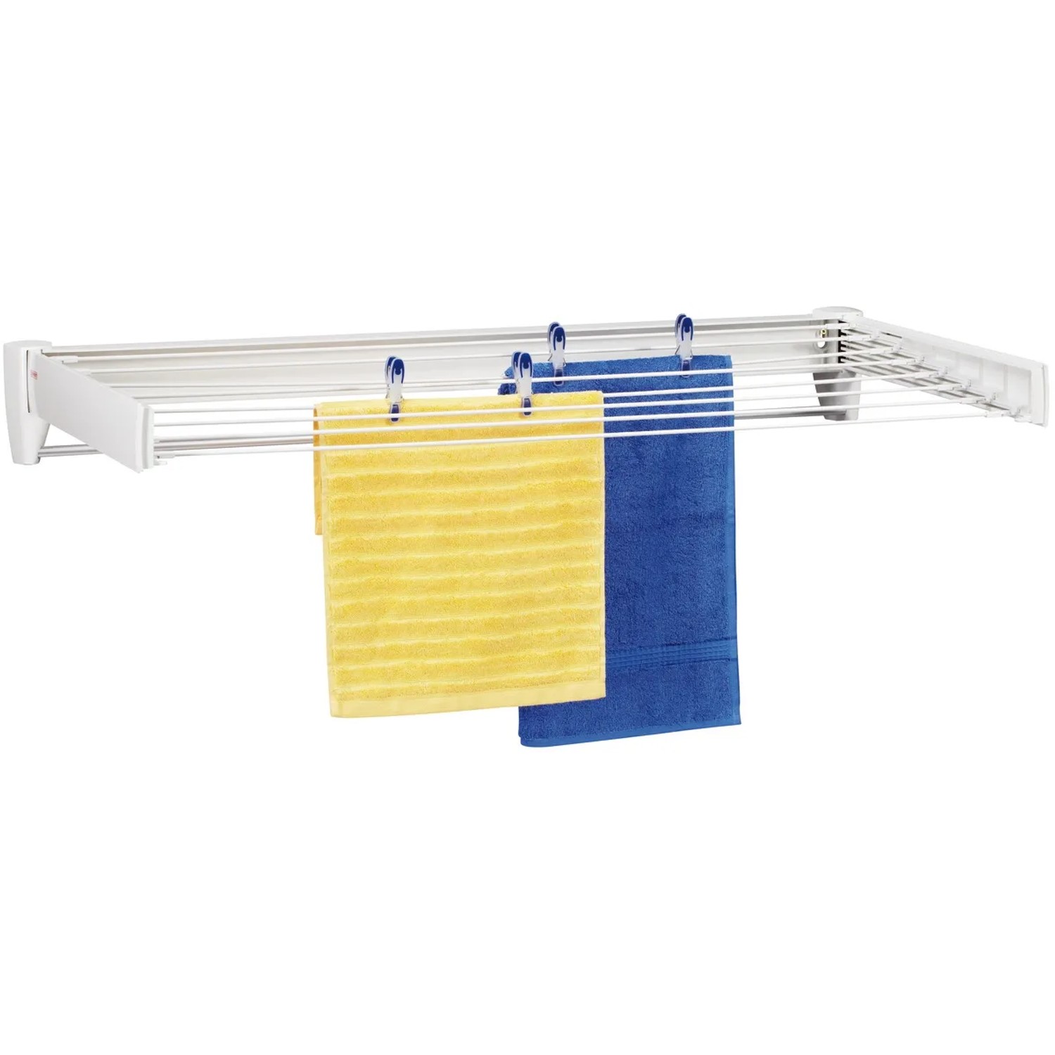 Leifheit Wandwäschetrockner Telegant 81 Protect Plus mit gelbem und blauem Handtuch.