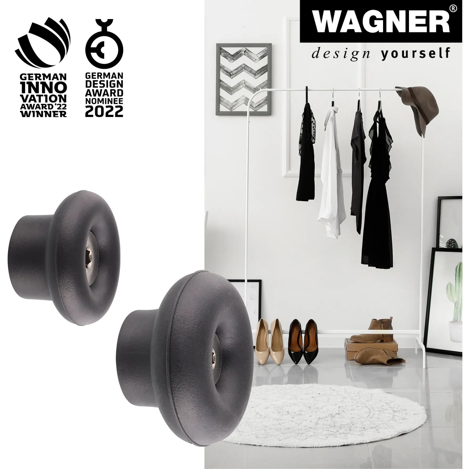 Wagner Wandhaken-Set Dot WH 0200 Schwarz, 4er-Set Haken für Wandmontage.