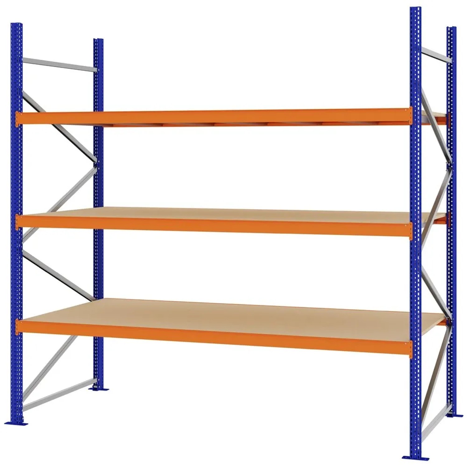 PROREGAL Weitspannregal Schraub-Stecksystem MAGNUS PRO Made In Germany Grundregal 250x250x100cm 3 Ebenen Spanplattenböden Fachlast 430kg Blau/Orange