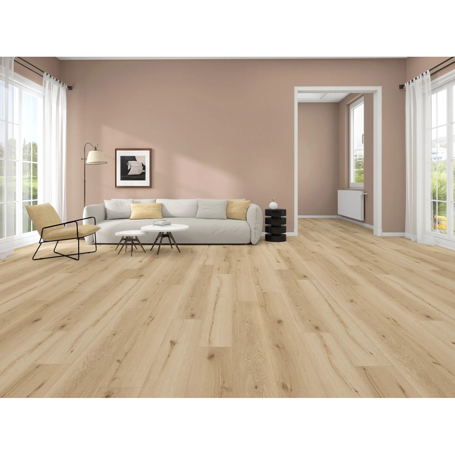 Wohnraum mit Klick-Vinylboden Eiche Viborg. Helle Holzoptik mit integrierter Trittschalldämmung.