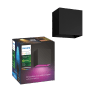 Philips Hue Resonate Down: Schwarze LED-Außenwandleuchte mit Farbwechsel und Verpackung.