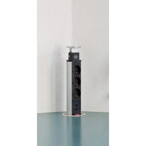 Brennenstuhl Tower Power Steckdosenleiste, 3-fach versenkbar mit USB, Alu/Schwarz, 2m Kabel.