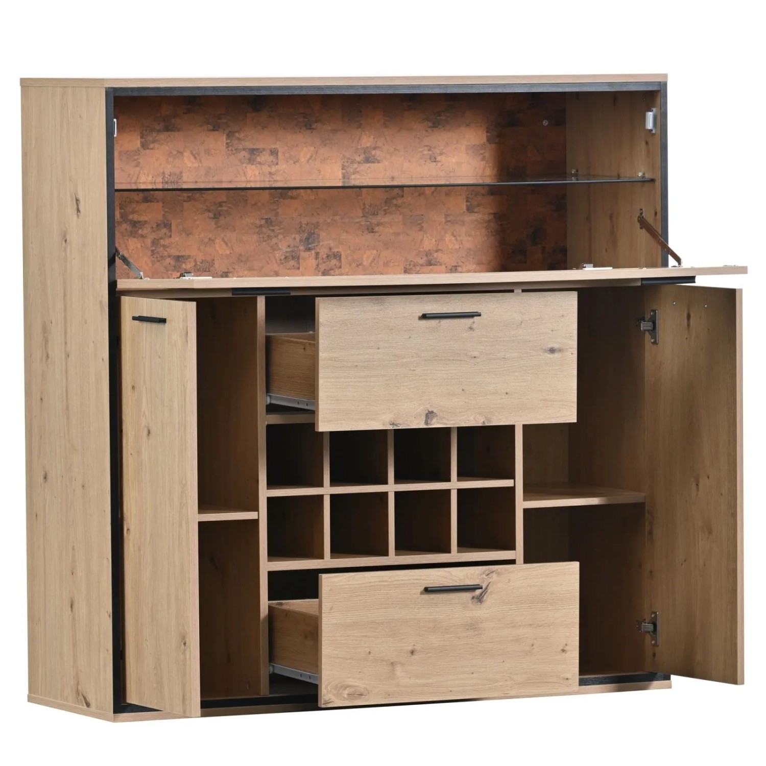Weinschrank 110x38x111 cm Sideboard mit 2 Türen Glasregal Weinhalterung und LED