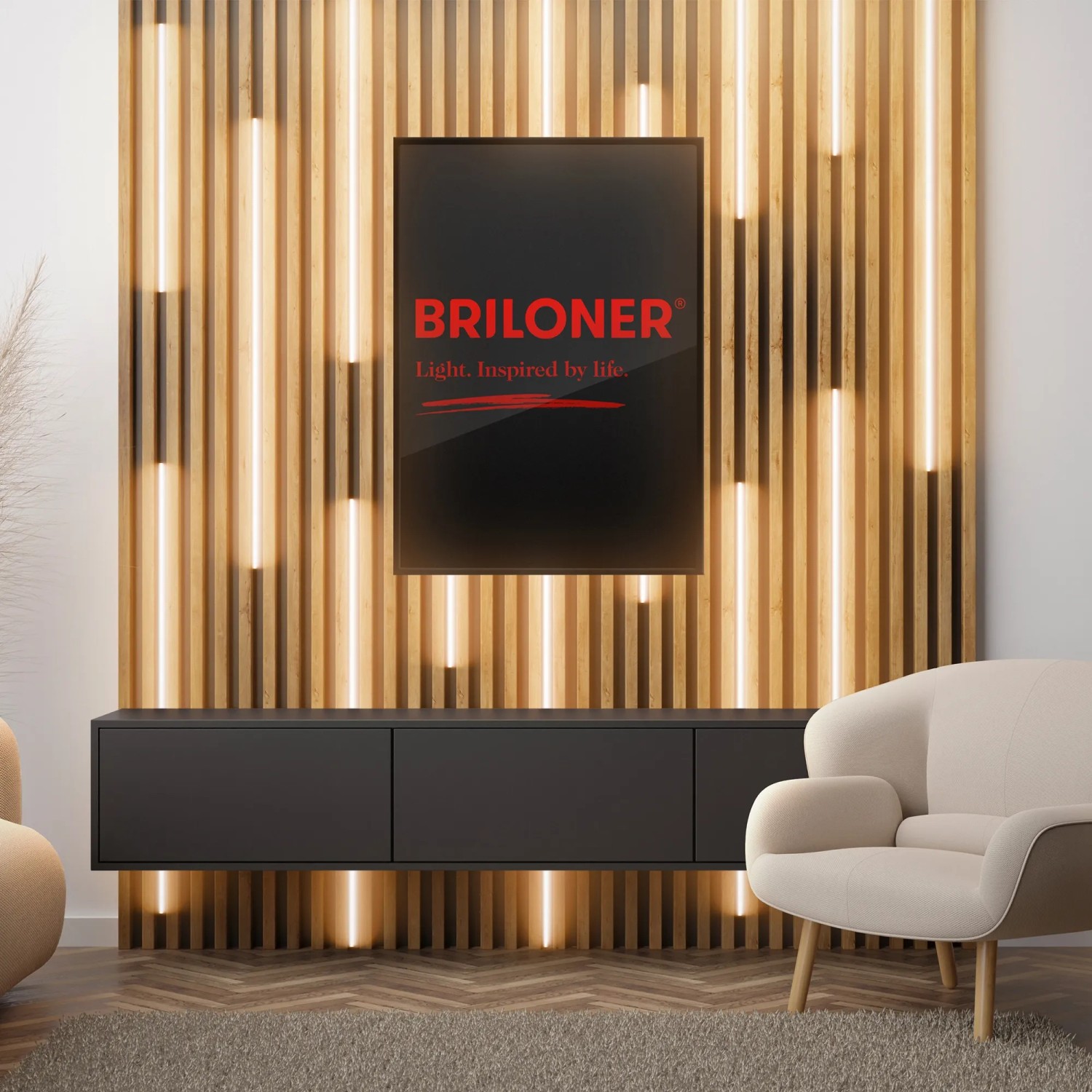 Briloner LED-Band Starter-Set für Paneele mit warmweißem Licht in Wohnraum-Szene.