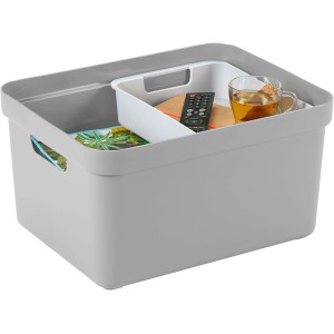 Graue Sunware Aufbewahrungsbox Sigma Home (32 l) mit Griffen, gefüllt mit Gegenständen.