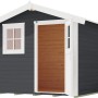 Anthrazitfarbenes Gartenhaus mit Satteldach, Holztür und Fenster. Ideal als Gerätehaus oder Hobbyraum.