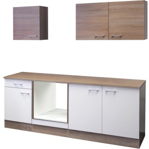 Flex-Well Küchenzeile 210 cm, Fronten in Weiß und Sonoma Eiche, bestehend aus Ober- und Unterschränken.