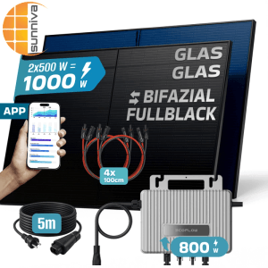 SUNNIVA Balkonkraftwerk 1000W mit bifazialen Fullblack Glas-Glas Solarmodulen, Wechselrichter und Kabel.