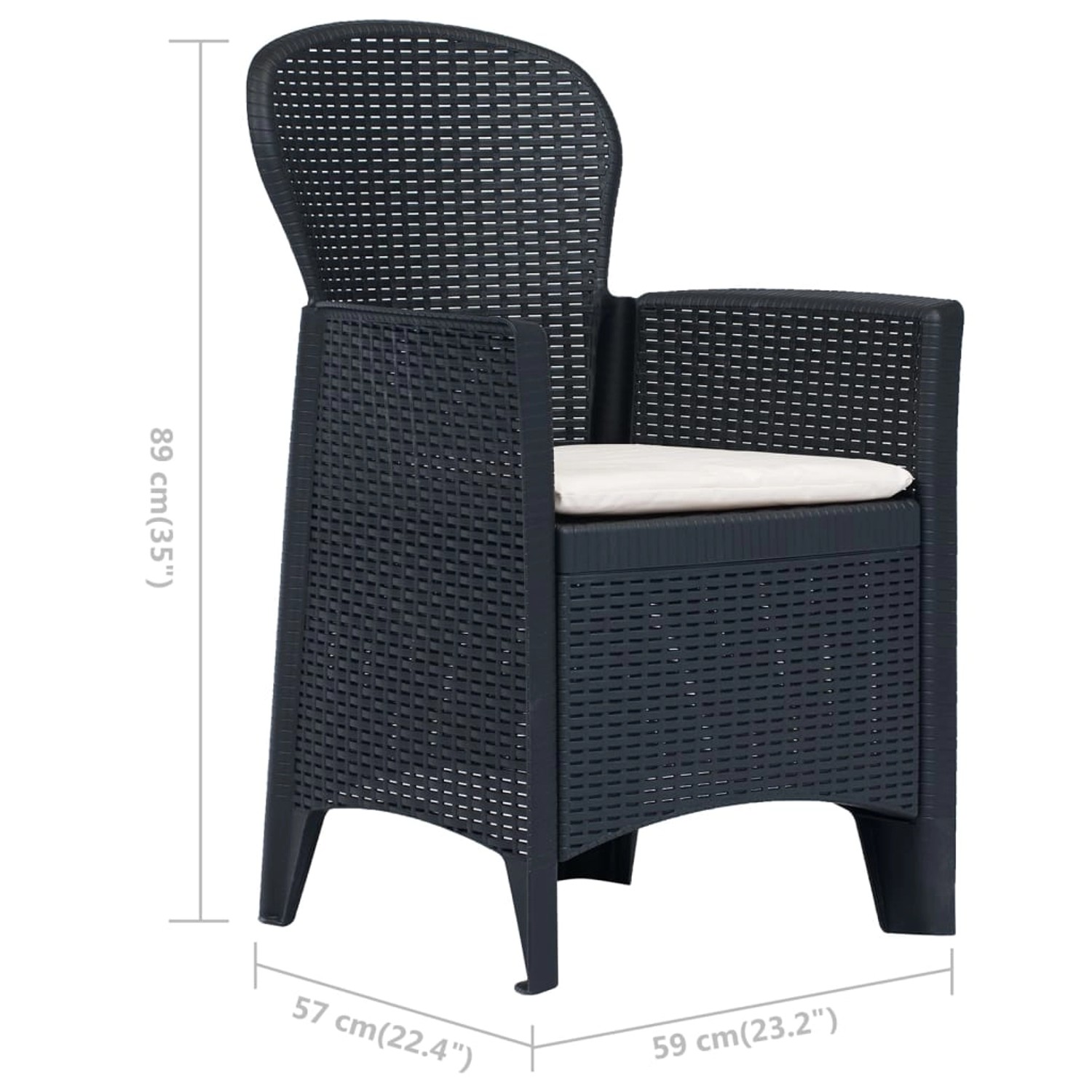 Anthrazitfarbener Gartenstuhl im Rattan-Look mit Sitzkissen, Teil des vidaXL Bistro-Sets.