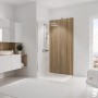 Schulte Duschrückwand DecoDesign Lärche Japandi vertikal, Duschkabine im modernen Badezimmer.