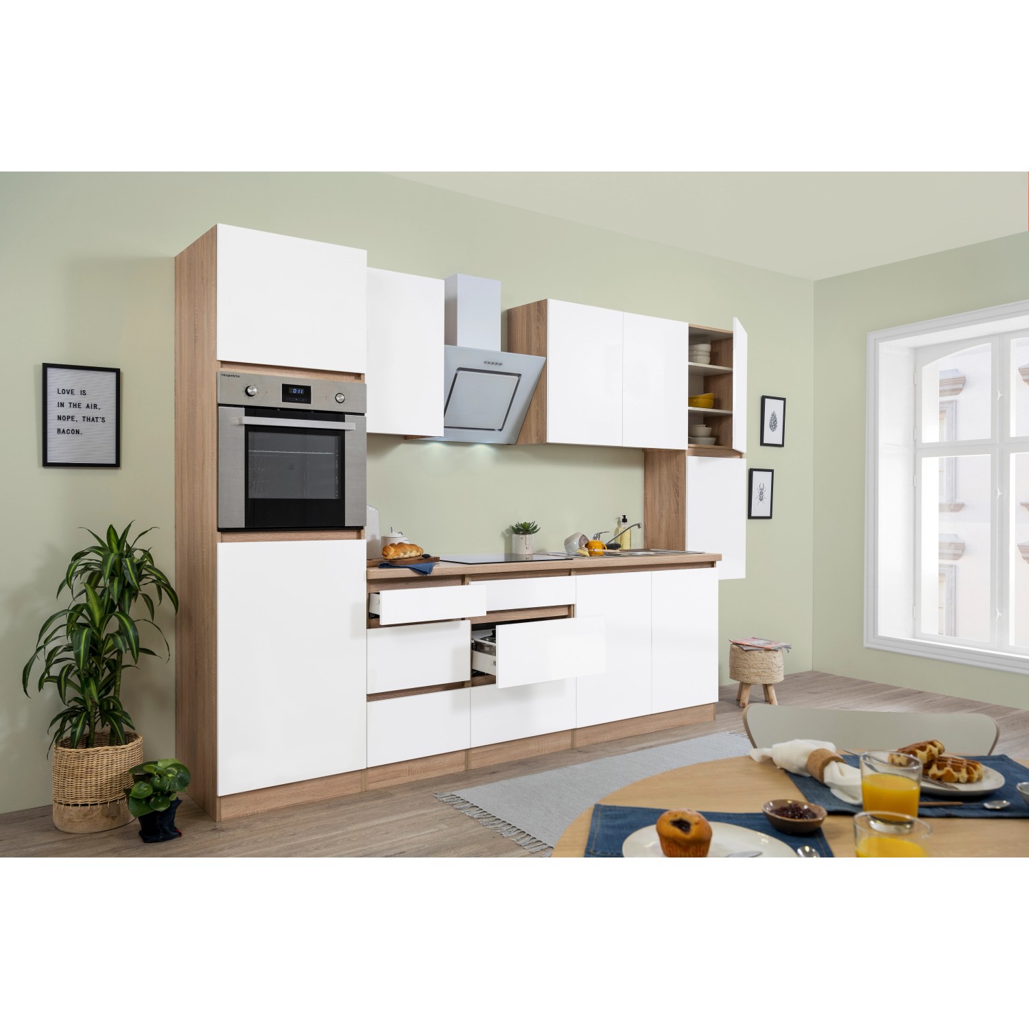 Respekta Küchenzeile/Küchenblock GLRP320HESWM Grifflos 320 cm Weiß matt-Sonoma Eiche