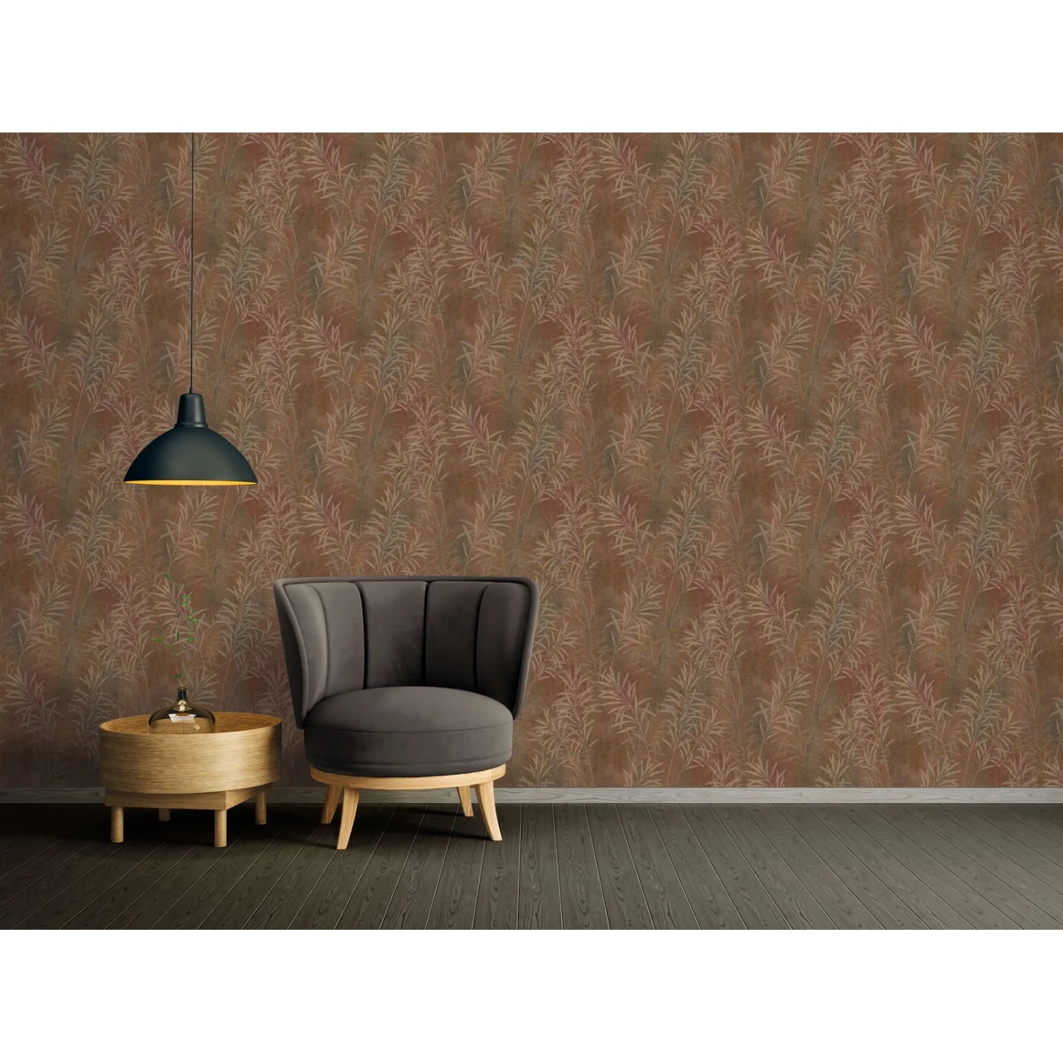 Braune Vliestapete mit goldenen Blättern im Wohnzimmer. Dekorative Tapete mit Muster in Rostoptik.