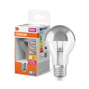 Osram E27 LED-Leuchtmittel in Glühlampenform, silber verspiegelt, 7W, 700lm, dimmbar, warmweiß.