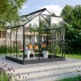 Schwarzes Vitavia Gewächshaus Triton 3800 ESG mit Zubehör im Garten.