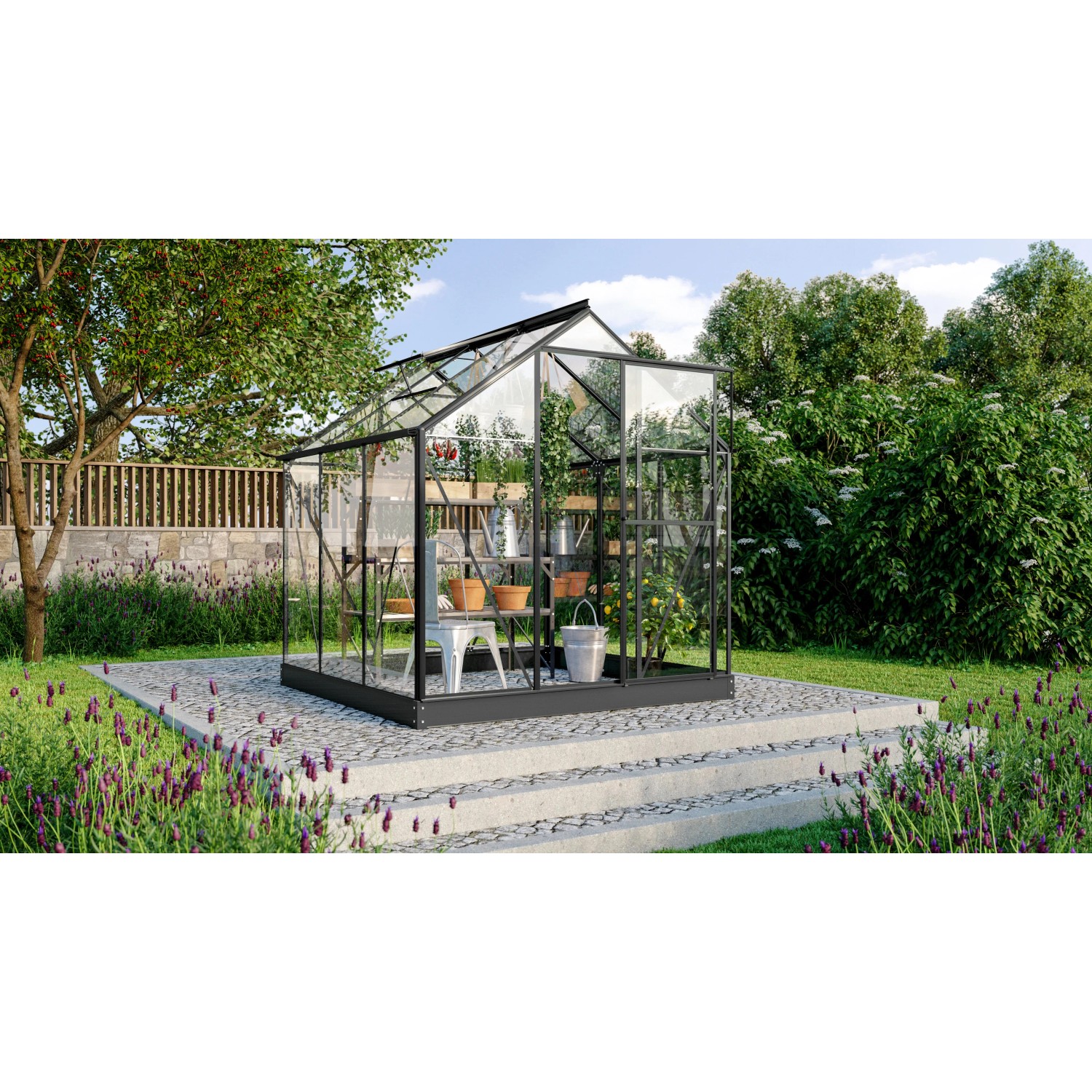 Schwarzes Vitavia Gewächshaus Triton 3800 ESG mit Zubehör im Garten.