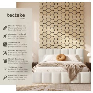 Tectake Akustikpaneele Sonic Shield Eiche Hell, sechseckiges Holzwabenmuster über einem Bett zur Schallabsorption.