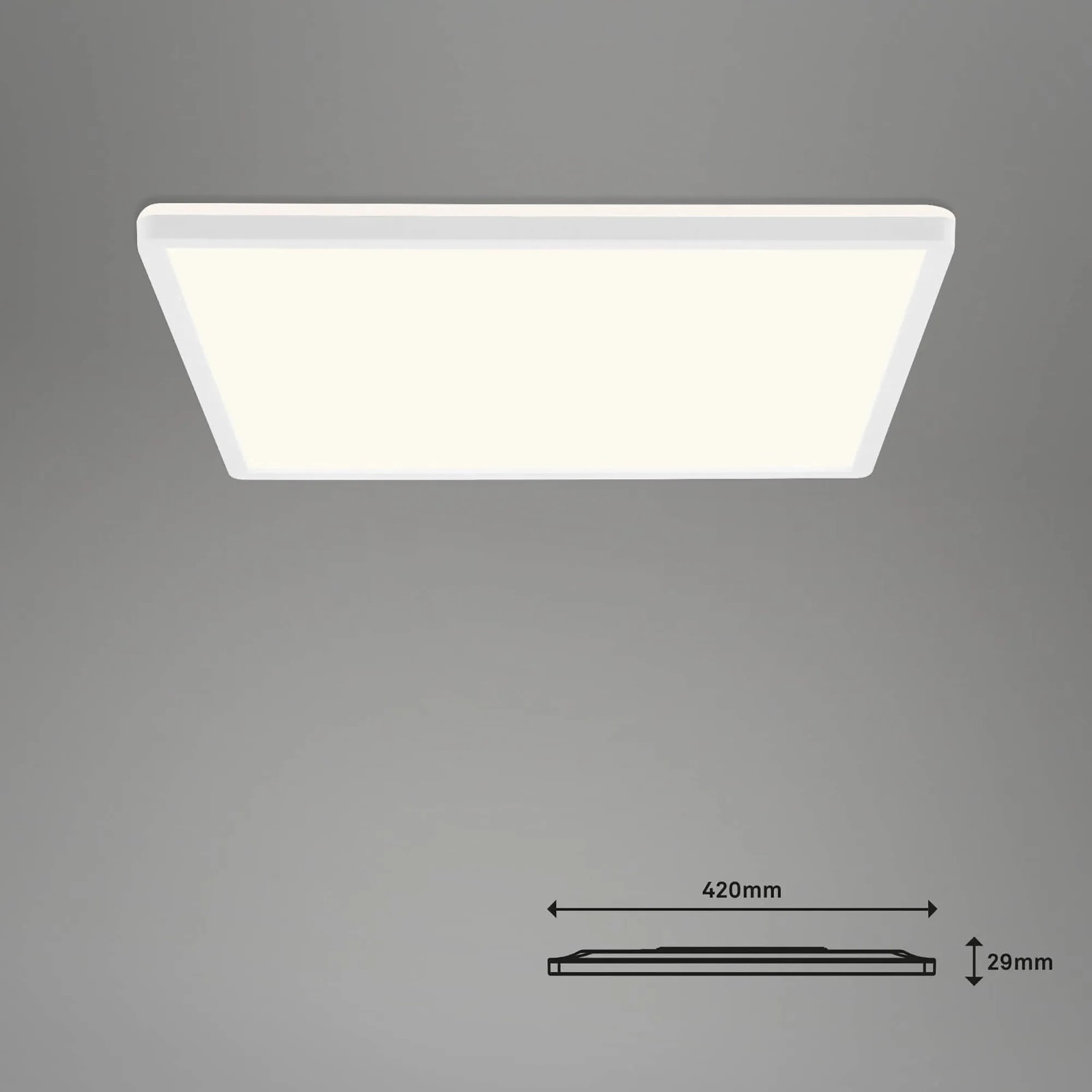 Weiße, smarte Brilo WiFi LED Deckenleuchte Slim, 42x42cm, mit App und Sprachsteuerung.