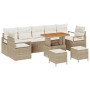 Beiges 10-teiliges vidaXL Garten-Sofa-Set aus Poly Rattan mit Tisch und Hockern.