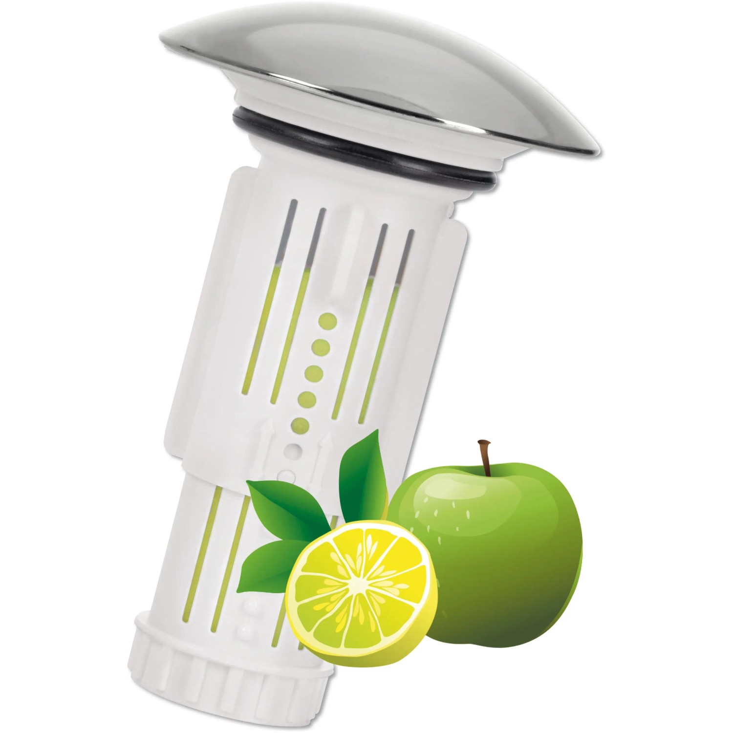 Abfluss-Fee Waschbeckenstöpsel in Weiß-Chrom mit Apfel-Zitrone Duft.