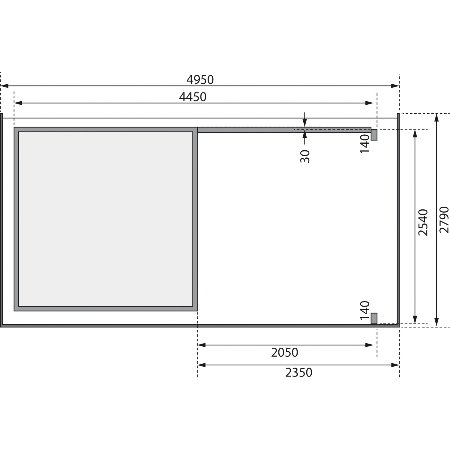 Skizze Karibu Holz-Gartenhaus Kumla 3 Natur mit Pultdach, Maße 240x240 cm.