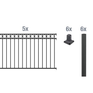 Metallzaun Grund-Set Circle Schwarz zum Aufschrauben, bestehend aus Zaunfeldern, Pfosten und Pfostenträgern.