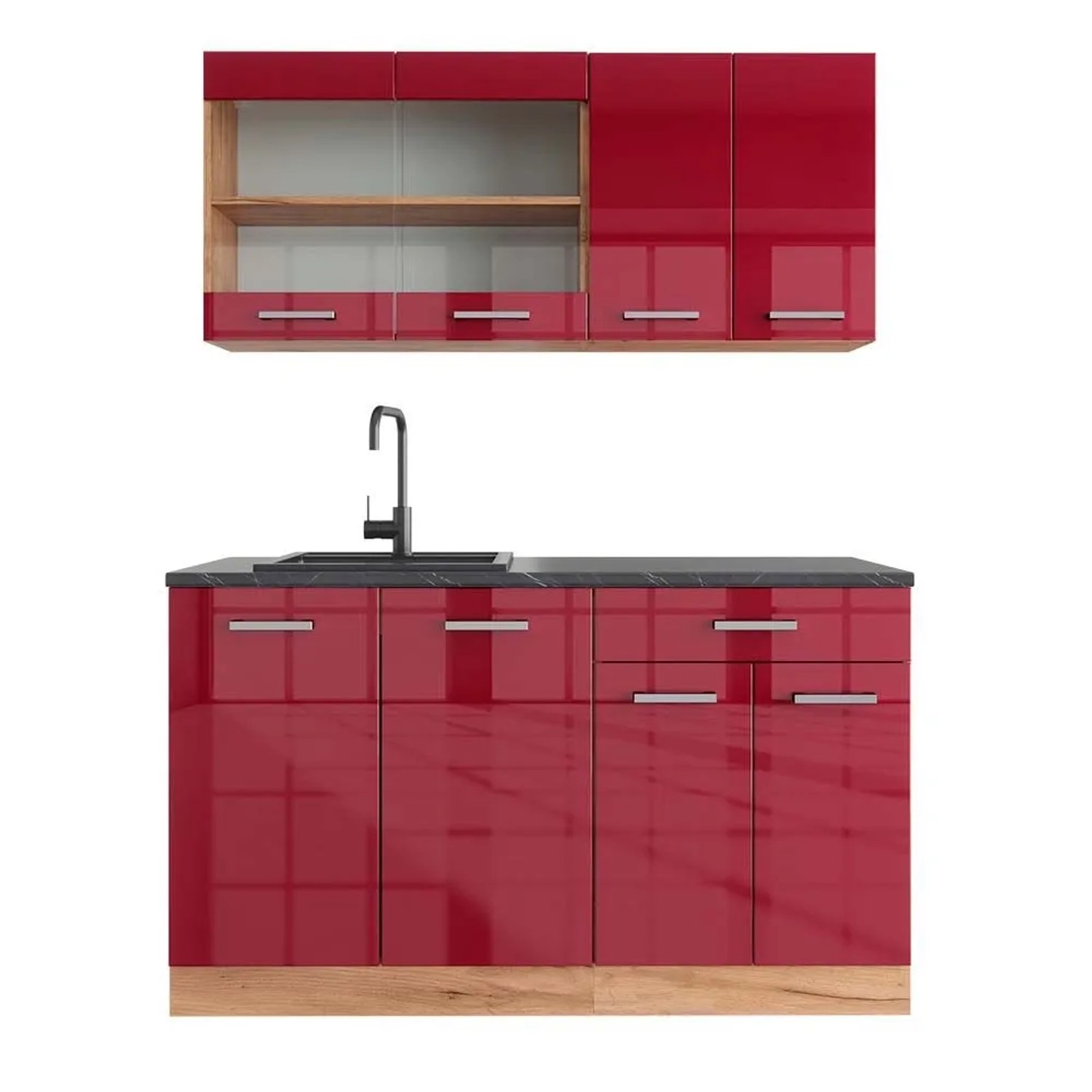 Vicco R-Line Singleküche Bordeaux Hochglanz Goldkraft Eiche 140 cm AP Anthrazit ohne E-Geräte