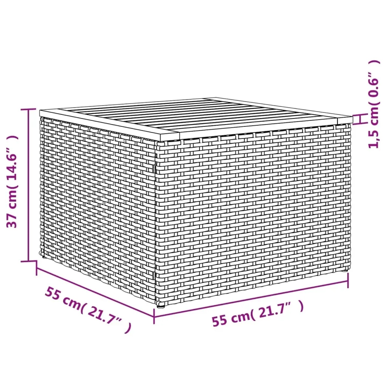 Skizze eines beigen vidaXL Gartenmöbel Tisches aus Polyrattan mit Maßangaben.