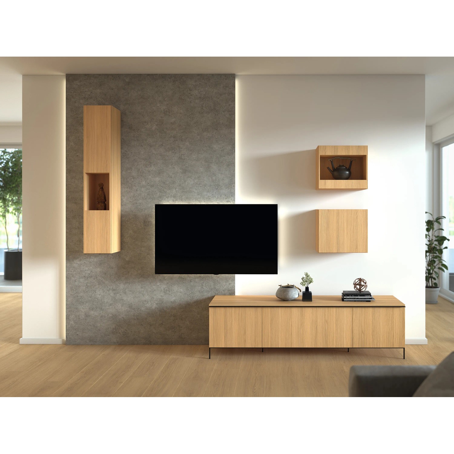 Wohnraum mit Egger DecoWall Wandpaneelen Rovigo Beton, TV und Holzmöbeln.