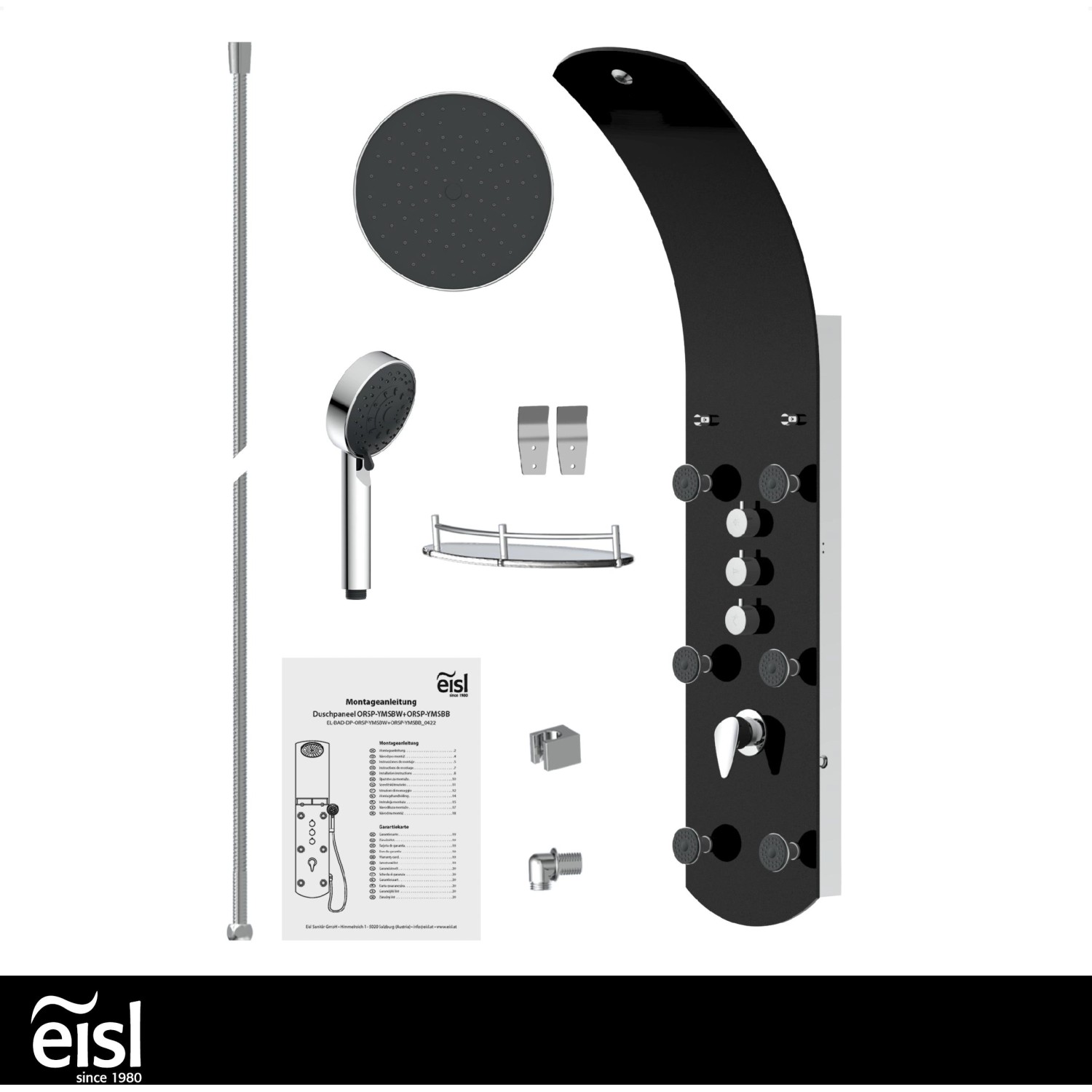 Eisl Duschpaneel Karibik 3in1, schwarz, mit Regendusche, Handbrause und Massagedüsen.