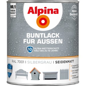 Alpina Buntlack Silbergrau seidenmatt für Außen, 750ml Dose mit Anwendungsbeispielen.