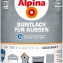 Alpina Buntlack Silbergrau seidenmatt für Außen, 750ml Dose mit Anwendungsbeispielen.