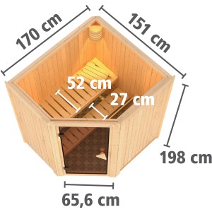 Karibu Sauna Tjorven Natur, Eckeinstieg, Holztür klar, Innenansicht mit Bänken und Maßen.